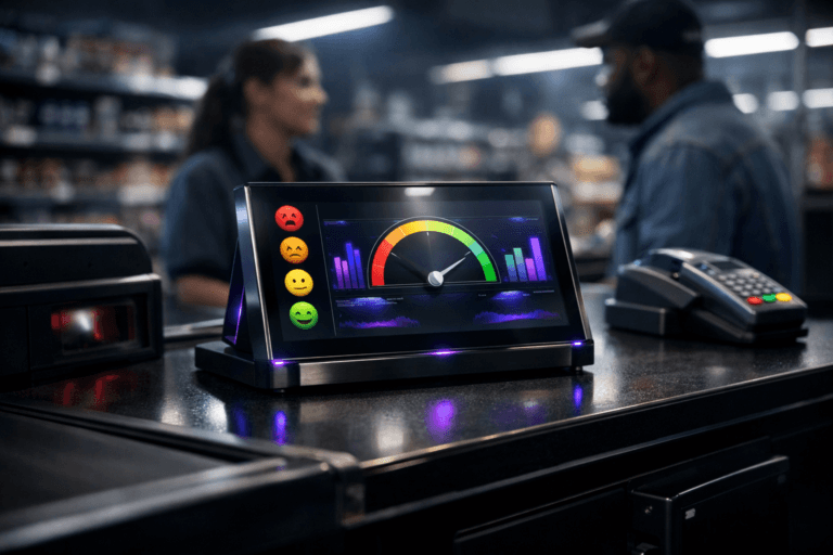 A photorealistic medium-wide cinematic shot, camera positioned approximately 1–2 meters from the subject, capturing a sleek glass-and-metal sentiment analysis terminal on a black supermarket checkout counter, its tablet-like screen showing a colorful emoji-based emotion scale and balanced gauge with abstract charts instead of readable text, clearly readable within a realistic environment. The object integrates subtle electric-purple #7B63FF accents indicating intelligence or activity without overpowering realism. Set in a late-night supermarket checkout lane with a black conveyor belt in the foreground, barcode scanner and payment terminal nearby, aisles of softly blurred products and cool fluorescent fixtures receding into the background, with a realistic cashier and customer in the midground, casually dressed, diverse, slightly out of focus and clearly secondary to the device. Lighting is low-key and practical, mixing overhead store lighting and screen glow, complemented by a soft integrated white spotlight from above and slightly to the side, gently revealing form, texture, and depth on the device and countertop, with subtle reflections and restrained neon purple highlights in polished surfaces. Cinematic realism, natural shallow-to-medium depth of field, 35mm lens look, premium materials, ultra-detailed, 8K, no captions, no text overlays, no watermarks.