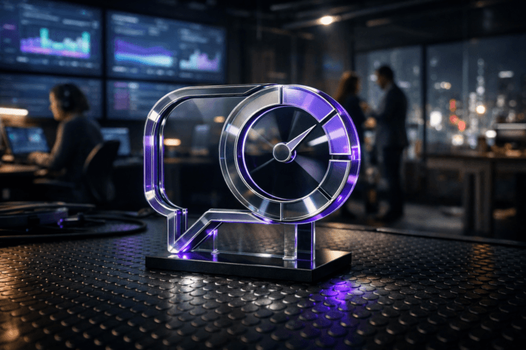 A photorealistic medium-wide cinematic shot, camera positioned approximately 1–2 meters from the subject, capturing a solid 3D isometric glass-and-metal desktop sculpture shaped as an “assessoria de imprensa” logo — a clean geometric mark merging a speech bubble and circular analytics dial — resting on a black anti-slip rubber coin-pattern floor, clearly readable within a realistic environment. The object integrates subtle electric-purple #7B63FF accents along its edges and internal reflections, indicating intelligence and digital activity without overpowering realism. Set in a dim newsroom-style corporate communications control room at night, lined with large wall-mounted screens showing abstract, text-free media monitoring dashboards and timelines, glass partitions, cable runs, and a distant window revealing a rainy city skyline with soft neon reflections, with natural human presence in the background and periphery: a diverse group of PR professionals at workstations, some seated at laptops with headsets, others standing in quiet discussion, softly blurred to keep the logo sculpture as the hero. Lighting is low-key and practical, coming from the screens, a few desk lamps, and a soft integrated white spotlight from above that grazes the logo sculpture and the black rubber floor, gently revealing form, texture, and depth, with subtle purple and cool neutral highlights glancing off nearby equipment. Cinematic realism, natural shallow-to-medium depth of field, premium materials, ultra-detailed, 8K, no captions, no text overlays, no watermarks.