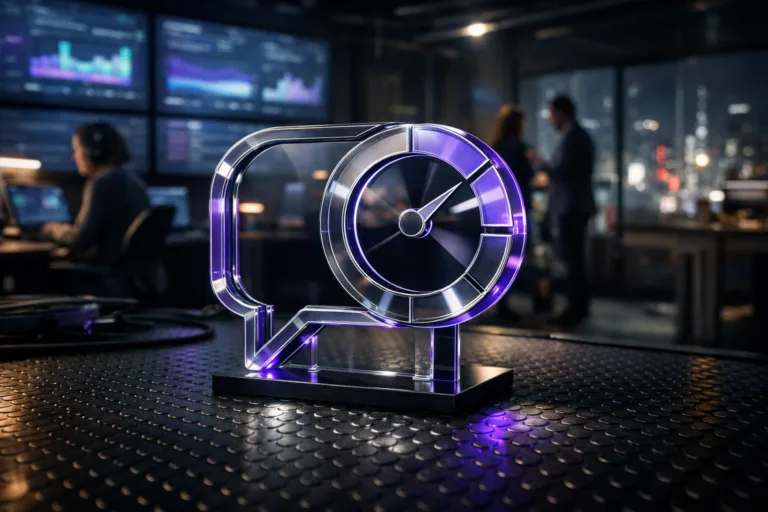 A photorealistic medium-wide cinematic shot, camera positioned approximately 1–2 meters from the subject, capturing a solid 3D isometric glass-and-metal desktop sculpture shaped as an “assessoria de imprensa” logo — a clean geometric mark merging a speech bubble and circular analytics dial — resting on a black anti-slip rubber coin-pattern floor, clearly readable within a realistic environment. The object integrates subtle electric-purple #7B63FF accents along its edges and internal reflections, indicating intelligence and digital activity without overpowering realism. Set in a dim newsroom-style corporate communications control room at night, lined with large wall-mounted screens showing abstract, text-free media monitoring dashboards and timelines, glass partitions, cable runs, and a distant window revealing a rainy city skyline with soft neon reflections, with natural human presence in the background and periphery: a diverse group of PR professionals at workstations, some seated at laptops with headsets, others standing in quiet discussion, softly blurred to keep the logo sculpture as the hero. Lighting is low-key and practical, coming from the screens, a few desk lamps, and a soft integrated white spotlight from above that grazes the logo sculpture and the black rubber floor, gently revealing form, texture, and depth, with subtle purple and cool neutral highlights glancing off nearby equipment. Cinematic realism, natural shallow-to-medium depth of field, premium materials, ultra-detailed, 8K, no captions, no text overlays, no watermarks.
