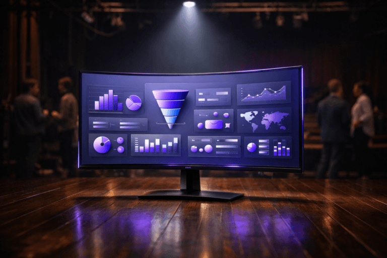 A photorealistic medium-wide cinematic shot, camera positioned approximately 1–2 meters from the subject, capturing a sleek ultra-thin 32-inch curved monitor on a minimalist black metal stand placed center stage, its screen showing an organized, optimized analytics dashboard interface with balanced isometric-style 3D cards, charts, funnels and UI components arranged in a harmonious grid on a soft gradient background, clearly readable within a realistic environment, no legible text, just abstracted data visuals. The object integrates subtle electric-purple #7B63FF accents in key UI highlights, edge glows and a faint rim light along the monitor frame indicating intelligence or activity without overpowering realism. Set in a dark wood theater stage environment with rich mahogany floorboards and a deep shadowy auditorium beyond, stage rigging and cables barely visible in the gloom, with a few softly blurred professionals in diverse smart-casual attire standing or walking near the wings and first row, interacting quietly and occasionally glancing toward the screen in the background or periphery. Lighting is low-key and practical, dominated by a single focused white stage spotlight from above that pools around the monitor, mixed with subtle ambient spill from the auditorium and faint electric-purple tech-noir reflections along the floorboards, gently revealing form, texture, and depth. Cinematic realism, natural shallow-to-medium depth of field, neutral corporate color palette with restrained neon accents, premium materials, ultra-detailed, 8K, no captions, no text overlays, no watermarks.