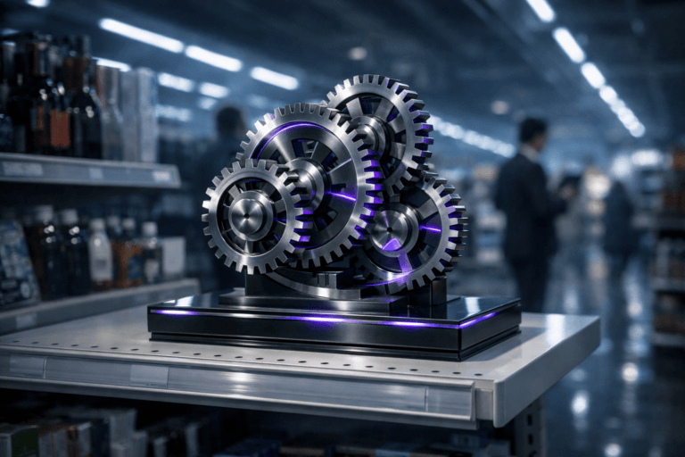 A photorealistic medium-wide cinematic shot, camera positioned approximately 1–2 meters from the subject, capturing a premium physical kinetic sculpture of interlocking metallic gears as the hero object, mounted on a sleek dark metal and glass base and placed prominently on a pristine white supermarket gondola shelf with a subtle plastic price-tag rail along the edge; the gears are finely machined steel and graphite tones with precise reflections, and faint electric-purple (#7B63FF) light pulses between the gear teeth and along a few thin accent lines on the base, suggesting intelligent, automated activity while remaining grounded in reality. The object is surrounded by slightly out-of-focus everyday products on adjacent shelves to reinforce the retail context, in a futuristic, tech-noir inspired supermarket aisle at night, with long overhead LED strip lights, a cool ambient blue-gray palette and subtle reflections running down the glossy floor; a couple of shoppers and a professional-looking person holding a tablet are visible in the softened background as natural human presence, blurred by shallow depth of field so the gears remain the clear focal point. Lighting is low-key and practical from the aisle fixtures, complemented by a soft integrated white spotlight from above and slightly to the side that gently reveals the gears’ brushed metal texture, the glass base, and the shelf details, creating controlled highlights and soft shadows without harsh contrast. Cinematic realism, natural shallow-to-medium depth of field, neutral corporate tones with restrained electric-purple neon accents, premium materials, ultra-detailed surfaces, 35mm photographic look, 8K, no captions, no text overlays, no watermarks.