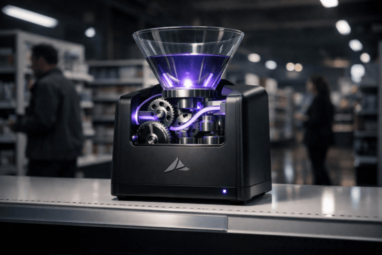 A photorealistic medium-wide cinematic shot, camera positioned approximately 1–2 meters from the subject, capturing a sleek real-world marketing automation device: a compact matte-black desktop machine with a transparent glass funnel on top feeding into interlocking metal gears and luminous channels, subtly branded with a minimal abstract logo, clearly readable as the hero object sitting on a pristine white supermarket gondola shelf with a discrete price-tag rail. The object integrates subtle electric-purple (#7B63FF) accent lights and inner glow within the funnel and gears, indicating intelligent data flows and continuous automated marketing journeys without overpowering realism. Set in a dimly lit, tech-noir inspired but believable modern retail aisle, with rows of white shelves receding into the background, soft reflections on a polished floor, and a few diverse shoppers and professionals blurred in the mid-ground casually browsing other products. Lighting is low-key and practical from overhead aisle fixtures and nearby digital displays, complemented by a soft integrated white spotlight from above and slightly to the side, gently revealing the form, texture, and depth of the device and shelving. Cinematic realism, natural shallow-to-medium depth of field with the hero object in sharp focus, premium materials, ultra-detailed, 8K, no on-screen text, no UI elements, no watermarks.