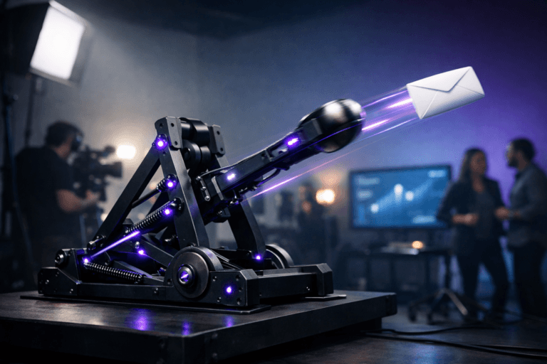 A photorealistic medium-wide cinematic shot, camera positioned approximately 1–2 meters from the subject, capturing a precision-engineered, modern mechanical catapult on a low studio platform, mid-launch as it hurls a sleek white envelope-shaped message capsule forward, the catapult built from matte black metal and brushed steel with subtle electric purple #7B63FF LED accents and thin light trails suggesting intelligent social media automation, clearly readable within a realistic environment. The object integrates subtle electric-purple accents indicating intelligence or activity without overpowering realism. Set in a professional photography studio with a colored infinity cyclorama backdrop, styled in a tech-noir mood with neutral greys, deep blues, and restrained neon purple gradients; studio softboxes, light stands, cables and a large monitor displaying softly blurred analytics-style graphs in the background; a few out-of-focus, diverse marketing professionals and a camera operator move naturally around the set, providing candid human presence without stealing focus from the catapult. Lighting is low-key and practical, coming from studio lamps, the monitor glow, and the catapult’s small LEDs, complemented by a soft integrated white spotlight from above and slightly to the side, gently revealing form, texture, and depth on the catapult mechanism and the flying envelope. Cinematic realism, natural depth of field, premium materials, ultra-detailed, 8K, no text, no watermarks, no recognizable real-world logos.