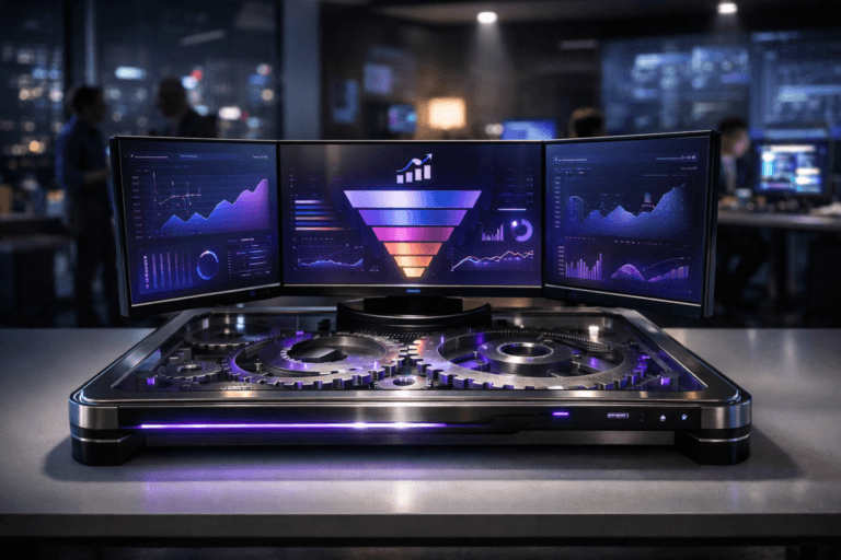 A photorealistic medium-wide cinematic shot, camera positioned approximately 1–2 meters from the subject, capturing a sleek glass-and-metal sales automation control console on a pristine white matte surface, with multiple ultra-wide curved monitors displaying an abstract real-time sales funnel dashboard and a minimal abstract analytics-platform logo icon in the corner of the central screen, plus a visible layer of interlocking brushed-metal gears beneath the glass top suggesting an optimized automated mechanism, clearly readable within a realistic environment. The object integrates subtle electric-purple (#7B63FF) accents along the gear edges, screen highlights and slim LED lines, indicating intelligence and continuous activity without overpowering realism. Set in a dimly lit Tech-Noir digital sales war room / revenue operations command center at night in a modern corporate office, neon-lit city skyline faintly visible through large floor-to-ceiling windows, walls lined with softly glowing data screens and semi-transparent projections, minimalist desks and ergonomic office chairs, with natural human presence in the background and periphery — diverse sales professionals in business-casual attire collaborating around secondary workstations, slightly out of focus. Lighting is low-key and practical, coming from the monitors, a few desk lamps and distant ceiling fixtures, complemented by a soft integrated white spotlight from above and slightly to the side of the main console, gently revealing form, glass reflections, brushed metal texture and depth. Cinematic realism, 35mm lens look, natural depth of field, premium materials, ultra-detailed, 8K, no captions, no legible text, no watermarks.