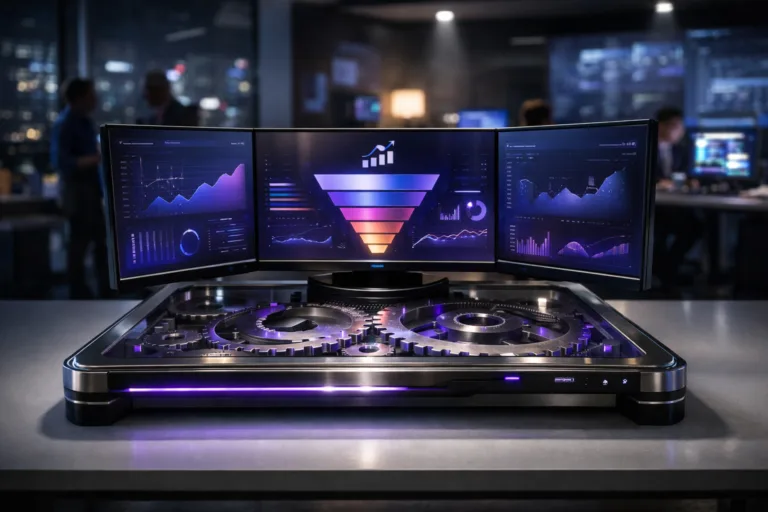 A photorealistic medium-wide cinematic shot, camera positioned approximately 1–2 meters from the subject, capturing a sleek glass-and-metal sales automation control console on a pristine white matte surface, with multiple ultra-wide curved monitors displaying an abstract real-time sales funnel dashboard and a minimal abstract analytics-platform logo icon in the corner of the central screen, plus a visible layer of interlocking brushed-metal gears beneath the glass top suggesting an optimized automated mechanism, clearly readable within a realistic environment. The object integrates subtle electric-purple (#7B63FF) accents along the gear edges, screen highlights and slim LED lines, indicating intelligence and continuous activity without overpowering realism. Set in a dimly lit Tech-Noir digital sales war room / revenue operations command center at night in a modern corporate office, neon-lit city skyline faintly visible through large floor-to-ceiling windows, walls lined with softly glowing data screens and semi-transparent projections, minimalist desks and ergonomic office chairs, with natural human presence in the background and periphery — diverse sales professionals in business-casual attire collaborating around secondary workstations, slightly out of focus. Lighting is low-key and practical, coming from the monitors, a few desk lamps and distant ceiling fixtures, complemented by a soft integrated white spotlight from above and slightly to the side of the main console, gently revealing form, glass reflections, brushed metal texture and depth. Cinematic realism, 35mm lens look, natural depth of field, premium materials, ultra-detailed, 8K, no captions, no legible text, no watermarks.