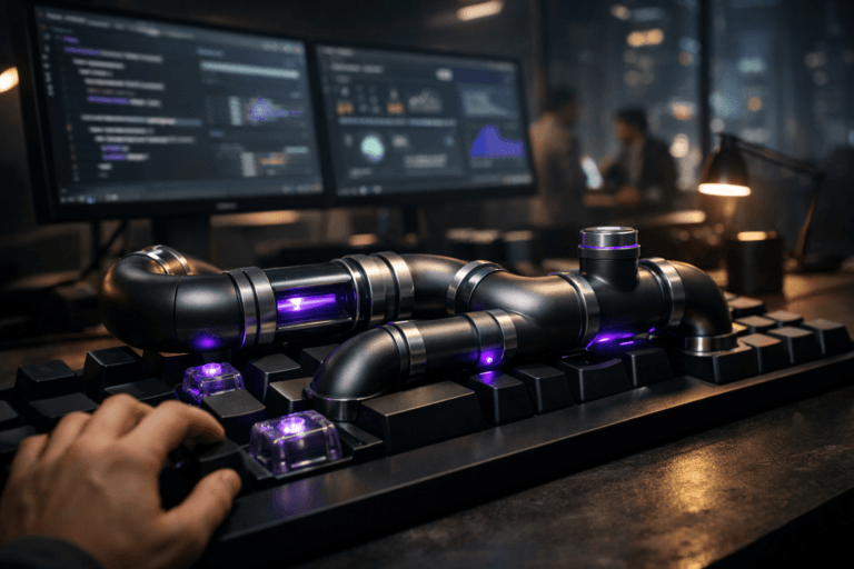 A photorealistic medium-wide cinematic shot, camera positioned approximately 1–2 meters from the subject, capturing a sleek real-world CI/CD “pipeline” sculpture made of interconnected matte-black and brushed-metal tubes resting across the oversized keycaps of a giant mechanical keyboard on a dark workstation desk, clearly readable as the hero object within a realistic environment. The object integrates subtle electric-purple (#7B63FF) accents glowing softly inside the tubes and around select keyboard switch housings, indicating intelligence and automated flow without overpowering realism. Set in a dim tech-noir developer office at night, with dual ultrawide monitors showing abstract, out-of-focus code and deployment dashboards, a distant glass wall hinting at a futuristic city skyline with soft neon lights, and a few blurred, diverse professionals collaborating in the background and periphery, one hand reaching toward the keyboard, all kept clearly secondary to the pipeline sculpture. Lighting is low-key and practical, driven by monitor glow and a small desk lamp, complemented by a soft integrated white spotlight from above and slightly to the side, gently revealing form, texture, and depth on the tubes, keycaps, and desk surface. Cinematic realism, 35mm–50mm lens look, natural shallow-to-medium depth of field, neutral corporate color palette with restrained electric-purple accents, premium materials, ultra-detailed, 8K, no captions, no text overlays, no logos, no watermarks.