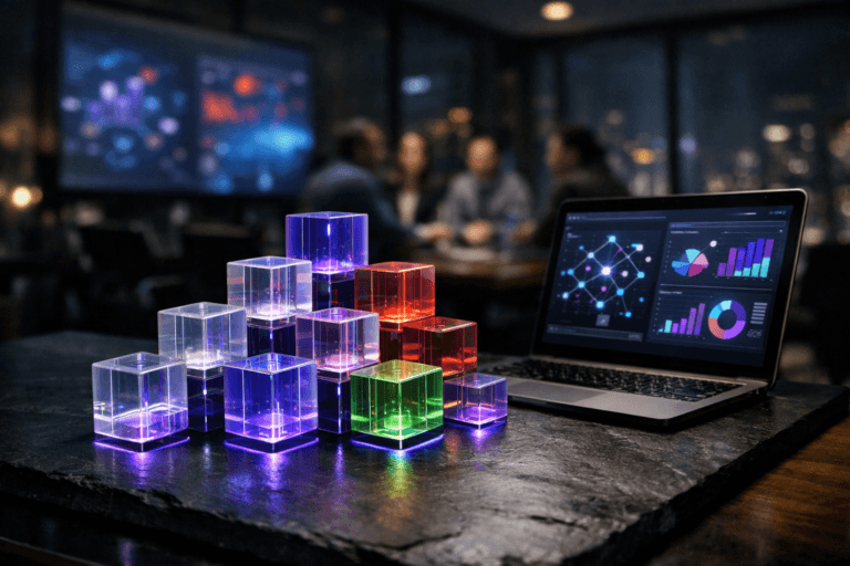 A photorealistic medium-wide cinematic shot, camera positioned approximately 1–2 meters from the subject, capturing a cluster of semi-transparent, color-coded acrylic “data cubes” neatly arranged and subtly rising in stepped geometric formations on a natural black slate tabletop, next to a sleek, thin laptop displaying an abstract CRM analytics dashboard of graphs and nodes (no readable text), clearly representing powerful data enrichment tools turning fragmented information into an organized command center for performance marketing. The data cubes have precise edges, premium materials and subtle electric-purple (#7B63FF) accents along their inner circuitry and base reflections, indicating intelligence and real-time activity without overpowering realism. Set in a high-end Tech-Noir corporate marketing war room at night, with floor-to-ceiling glass revealing a softly blurred city skyline, large wall screens in the background showing abstract data visualizations and campaign heatmaps (no text), and a diverse group of marketing professionals in smart-casual attire collaborating around the table and screens, kept softly out of focus so the cubes and slate surface remain the hero. Lighting is low-key and practical, coming from the laptop screen, wall displays and a few ceiling downlights, complemented by a soft integrated white spotlight from above and slightly to the side, gently revealing the form, texture and depth of the acrylic cubes and the matte black slate. Cinematic realism, 35mm lens look, natural shallow-to-medium depth of field, neutral corporate tones with restrained neon purple and cool blue accents, ultra-detailed, 8K, no captions, no visible logos, no watermarks.