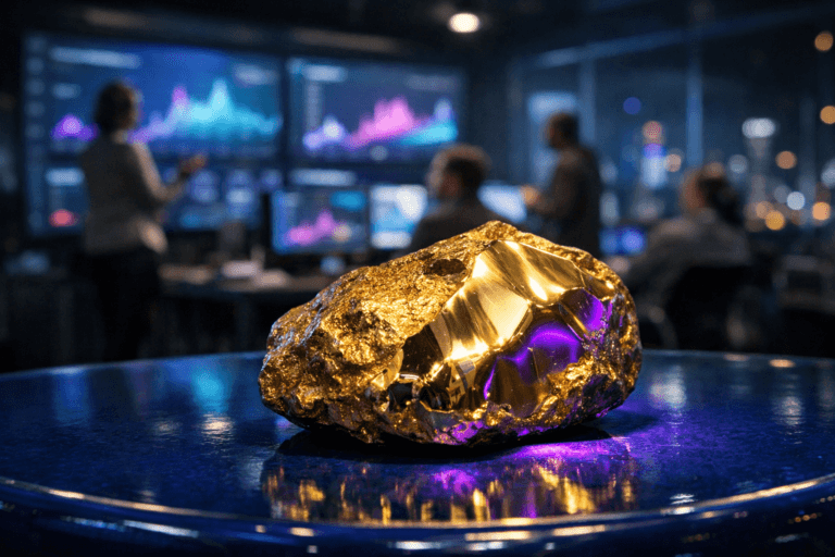 A photorealistic medium-wide cinematic shot, camera positioned approximately 1–2 meters from the subject, capturing a raw gold nugget partially polished to a smooth, reflective surface, resting on a glossy cobalt-blue glazed ceramic tabletop in the foreground, the polished facets catching subtle reflections of abstract data visualizations and analytics graphs, clearly readable as the hero object within a realistic environment. The object integrates subtle electric-purple (#7B63FF) accents indicating intelligence or activity without overpowering realism, expressed as a faint neon edge-light along the polished contours of the nugget and a soft colored reflection on the cobalt ceramic surface. Set in a nocturnal, high-end Tech-Noir marketing command center — a modern social media analytics war room with large wall-mounted screens and desktop monitors in the background showing blurred, abstract real-time social listening dashboards, sentiment graphs and mention volume timelines (no readable text, no recognizable platform logos), glass walls revealing a distant city skyline with cool blue and purple lights. Natural human presence appears in the background and periphery: a small, diverse group of marketing professionals in smart-casual attire, standing and seated around the screens, gesturing and discussing insights, rendered in soft focus so they remain secondary to the gold nugget. Lighting is low-key and practical, coming from the monitor glow, a few subtle ceiling fixtures and a soft integrated white spotlight from above and slightly to the side, gently revealing the form, metallic texture and micro-details of the gold nugget and the smooth sheen of the cobalt ceramic surface, while the rest of the room falls into rich shadows. Neutral corporate tones (charcoal, slate, muted blues) dominate the space, with restrained neon accents in electric purple and cool teal on UI reflections and edge lights, creating a refined Tech-Noir mood. Cinematic realism, 35–50mm lens look, natural shallow-to-medium depth of field separating foreground object from background team and screens, premium materials, ultra-detailed, 8K, no floating elements, no captions, no text overlays, no watermarks.