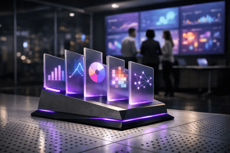 A photorealistic medium-wide cinematic shot, camera positioned approximately 1–2 meters from the subject, capturing a sleek physical tabletop sculpture representing integrated AI-powered demand generation tools: a solid graphite-metal base resting on the floor, from which several thin, semi-translucent acrylic panels rise like staggered dashboards, each panel emitting a soft glow with abstract data visualizations and charts, no readable text, edges finished in brushed aluminum and premium matte surfaces, clearly readable within a realistic environment. The object integrates subtle electric-purple (#7B63FF) LED accents running along its edges and base, indicating intelligence and real-time activity without overpowering realism. Set in a dimly lit, high-end marketing operations command room with a white raised technical floor made of perforated cooling tiles for underfloor refrigeration, glass walls reflecting distant city lights, and a far wall covered in large, slightly out-of-focus screens showing abstract analytics dashboards with shifting graphs and heatmaps, no legible text, with a small, diverse group of marketing professionals in business-casual attire collaborating near the screens, naturally posed and softly blurred in the background. Lighting is low-key and practical, coming from the wall of screens and discreet ceiling fixtures, complemented by a soft integrated white spotlight from above and slightly to the side of the sculpture, gently revealing its form, texture, and depth and casting subtle reflections onto the perforated floor. Cinematic realism, natural depth of field, premium materials, ultra-detailed, 8K, no captions, no text overlays, no watermarks.