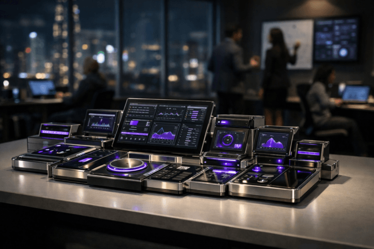 A photorealistic medium-wide cinematic shot, camera positioned approximately 1–2 meters from the subject, capturing a sleek cockpit-like product management control console composed of meticulously organized, interconnected glass-and-metal modules with embedded screen surfaces and glowing indicators, arranged in a harmonious grid on a solid, smooth white-frosted operations table, clearly readable within a realistic environment. The object integrates subtle electric-purple #7B63FF accents indicating intelligence or activity without overpowering realism. Set in a dimly lit tech-noir product war room inside a modern corporate office at night, with floor-to-ceiling windows revealing a blurred futuristic city skyline with soft neon reflections, wall-mounted dashboards and laptop screens glowing in the background while a few diverse, realistically dressed professionals stand and sit in the periphery, discussing and pointing at screens and whiteboards slightly out of focus. Lighting is low-key and practical, coming from the console’s screens, laptops, and distant office fixtures, complemented by a soft integrated white spotlight from above and slightly to the side, gently revealing the form, texture, and depth of the console, desk surface, and surrounding materials. Cinematic realism, natural depth of field with the console in sharp focus and people tastefully blurred, neutral corporate palette with restrained electric-purple accents, premium materials, ultra-detailed, 8K, no captions, no text, no watermarks.