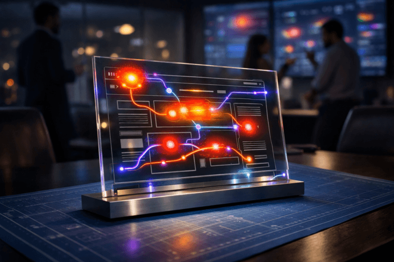 A photorealistic medium-wide cinematic shot, camera positioned approximately 1–2 meters from the subject, capturing a sleek physical desktop sculpture representing website heatmap tools as the hero object: a semi-transparent glass and acrylic panel at a slight isometric angle, etched with a stylized web page layout and overlaid with vivid heatmap blobs and thin colored paths like a subway map, glowing subtly in gradients of orange, red, and electric purple #7B63FF, mounted on a minimalist metal base resting directly on a large blue engineering blueprint sheet (graph paper) stretched flat across a modern conference table. The object integrates subtle electric-purple accents indicating intelligence and data flow along the paths and around key hotspots without overpowering realism, with premium materials, crisp reflections, and fine physical detail on the etched lines of the interface and blueprint grid. Set in a Tech-Noir analytics war-room environment: a dimly lit, glass-walled corporate meeting room at night, with neutral-toned furniture, blurred city lights outside, and a wall of out-of-focus screens in the background softly displaying abstract analytics dashboards and colorful heatmap-like visuals. Natural human presence appears in the background and periphery: a small, diverse group of professionals in business-casual attire, candidly discussing and gesturing toward the screens and table, kept slightly out of focus so the heatmap sculpture remains the clear focal point. Lighting is low-key and practical, coming from desk lamps, screen glow, and a soft integrated white spotlight from above and slightly to the side, gently revealing the sculpture’s form, texture, glass edges, and the blueprint paper while leaving the room in atmospheric shadow. Cinematic realism, shallow-to-medium natural depth of field, neutral corporate palette with restrained neon purple and cyan accents, premium materials, ultra-detailed, 8K, no captions, no UI text, no logos, no watermarks.