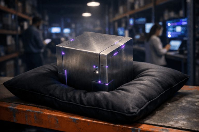A photorealistic medium-wide cinematic shot, camera positioned approximately 1–2 meters from the subject, capturing a dense tungsten cube partially sinking into a soft dark cushion placed on an orange industrial warehouse rack shelf, its brushed metal faces ultra-detailed and clearly visible, with subtle electric-purple #7B63FF indicator lines and tiny status LEDs suggesting a powerful social media management “control core” while remaining physically realistic, clearly readable within a realistic environment. The object integrates subtle electric-purple accents indicating intelligence or activity without overpowering realism. Set in a dimly lit industrial warehouse aisle of tall orange storage racks subtly transformed into a tech-noir data operations space, with distant workstations, glowing computer monitors and LED dashboards casting cool blue and purple reflections, and a few diverse professionals in business-casual attire moving naturally in the background, checking tablets and screens at the periphery. Lighting is low-key and practical from overhead industrial fixtures and nearby monitors, complemented by a soft integrated white spotlight from above or the side, gently revealing form, texture, and depth, emphasizing the weight of the cube and the deformation of the cushion. Cinematic realism, natural depth of field, 35mm photographic look, premium materials, ultra-detailed, 8K, no text, no logos, no watermarks.
