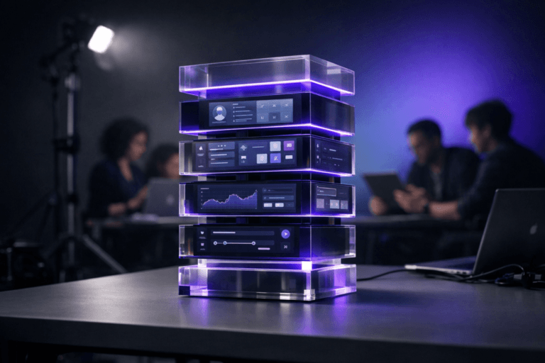 A photorealistic medium-wide cinematic shot, camera positioned approximately 1–2 meters from the subject, capturing a refined real-world hero object: a modular tower of sleek translucent acrylic blocks and ultra-thin digital screens stacked in clean layers on a minimalist studio table, each layer showing different UX prototype stages and interface layouts like a physical design toolbox, clearly readable within a realistic environment. The object integrates subtle electric-purple (#7B63FF) accent light lines and glowing edges indicating intelligence or activity without overpowering realism. Set in a professional photography studio with a seamless colored cyclorama backdrop, dark charcoal fading into a soft tech-noir gradient of deep blues and electric purple, light stands, cables, and a laptop workstation subtly present at the edges, with a small diverse UX product team in the background and periphery, slightly out of focus as they review prototypes on laptops and tablets. Lighting is low-key and practical, mixing the soft glow from the digital screens with a gentle integrated white spotlight from above and slightly to the side, gently revealing form, texture, and depth of the modular structure and tabletop. Cinematic realism, natural shallow-to-medium depth of field, premium materials, ultra-detailed, 8K, no text, no captions, no watermarks.