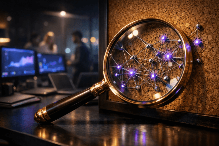 A photorealistic medium-wide cinematic shot, camera positioned approximately 1–2 meters from the subject, capturing a large golden magnifying glass resting on a sleek dark desk, its polished metal and glass surfaces reflecting subtle electric-purple #7B63FF highlights, the lens sharply focused on a precise web of thin metallic wires and fiber‑optic threads forming a luminous network of data connections pinned onto a vertical cork bulletin board with rich natural texture, clearly readable within a realistic environment. The object integrates subtle electric-purple accents indicating intelligence or activity without overpowering realism. Set in a dimly lit modern SEO and analytics workspace with cork-covered feature wall, softly blurred ultra-wide monitors showing abstract analytics charts, laptops and notebooks on the desk, and a diverse group of professionals in smart-casual attire collaborating in the background near a glass wall with faint city lights and distant neon, all designed with a refined Tech-Noir corporate atmosphere, with natural human presence in the background or periphery. Lighting is low-key and practical, coming from monitors, a desk lamp and a few ceiling spots, complemented by a soft integrated white spotlight from above and slightly to the side of the magnifying glass, gently revealing form, texture, and depth of the golden metal, glass, and cork surface. Cinematic realism, natural depth of field, 35mm photographic look, premium materials, ultra-detailed, 8K, no captions, no text overlays, no watermarks.