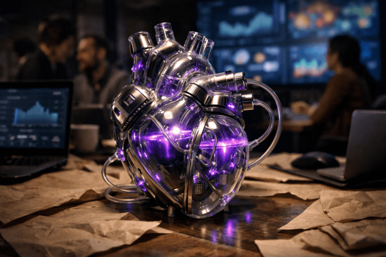 A photorealistic medium-wide cinematic shot, camera positioned approximately 1–2 meters from the subject, capturing a polished transparent mechanical heart device on a kraft-paper-covered analytics desk, its chambers visibly pumping a softly glowing electric-purple data-like fluid through fine transparent tubes, with refined metallic details and interfaces that subtly evoke AI-powered SEO tools and real-time performance monitoring, clearly readable within a realistic environment. The object integrates subtle electric-purple accents indicating intelligence or activity without overpowering realism. Set in a dimly lit digital marketing war room at night, with slightly crumpled kraft paper sheets spread across the workstation, laptops open to defocused analytics dashboards, large wall-mounted screens in the background showing blurred graphs and heatmaps without legible text, and a few diverse marketing professionals in soft focus collaborating around the space, with natural human presence in the background or periphery. Lighting is low-key and practical, complemented by a soft integrated white spotlight from above and slightly to the side, gently revealing the heart’s transparent chambers, flowing fluid, metallic edges, and the textured kraft-paper surface. Cinematic realism, natural depth of field, premium materials, ultra-detailed, 8K, no captions, no text overlays, no watermarks.