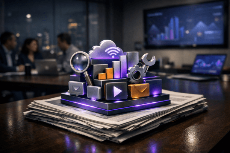 A photorealistic medium-wide cinematic shot, camera positioned approximately 1–2 meters from the subject, capturing a stylized physical desk sculpture representing a crowded digital toolbox — a compact, isometric-inspired cluster of colorful acrylic and brushed-metal blocks shaped like minimalist app icons and tools — resting neatly on top of a thick stack of printed newspapers and financial reports on a dark wooden conference table, clearly readable within a realistic environment. The object integrates subtle electric-purple (#7B63FF) edge lighting and internal reflections indicating intelligence or activity without overpowering realism. Set in a contemporary corporate meeting room at night in a tech company headquarters, glass walls revealing a faint city skyline, large wall-mounted screens and open laptops softly glowing with abstract analytics dashboards with no legible text, and a small diverse group of professionals blurred in the background discussing architecture around the table, with natural human presence in the background or periphery. Lighting is low-key and practical, coming from laptop screens, wall monitors, and a distant window glow, complemented by a soft integrated white spotlight from above and slightly to the side, gently revealing form, texture, and depth of the sculpture, papers, and tabletop. Cinematic realism, natural depth of field, premium materials, ultra-detailed, 8K, neutral corporate palette with restrained neon purple accents, no captions, no text overlays, no watermarks.