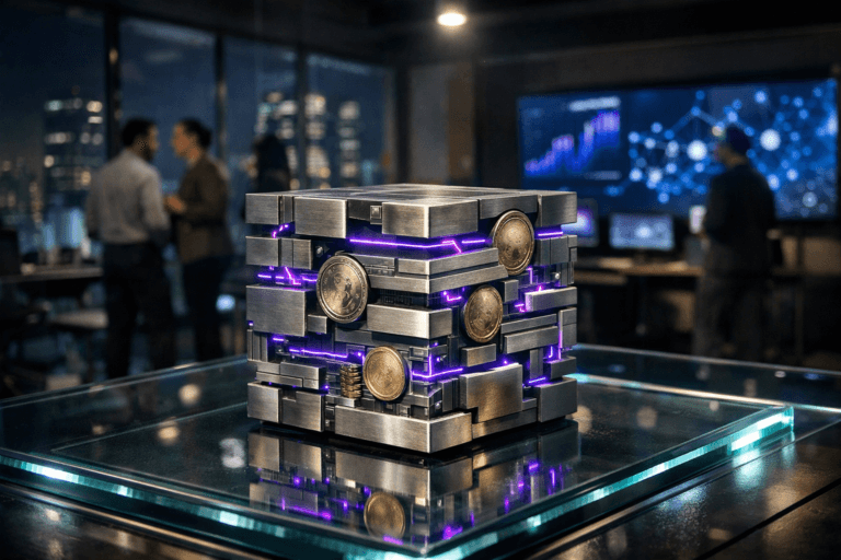 A photorealistic medium-wide cinematic shot, camera positioned approximately 1–2 meters from the subject, capturing a stylized physical sculpture representing decentralized finance: a polished, semi-transparent glass and brushed-metal cube made of interlocking ledger-like layers and embedded coin-shaped tokens, resting solidly on a thick tempered glass floor whose edges glow with integrated LED strips, the structure clearly readable and sharply in focus within a realistic environment. The object integrates subtle electric-purple (#7B63FF) accents running as fine illuminated circuits through the layers, indicating intelligence and on-chain activity without overpowering realism. Set in a sophisticated Brazilian bank innovation lab at night, high above a modern city skyline, with floor-to-ceiling glass walls, faint reflections of skyscraper lights, sleek workstations and large wall-mounted screens showing abstracted financial graphs and blockchain network visualizations, all slightly out of focus, with a small, diverse group of professionals in business-casual attire moving naturally and collaborating in the background and periphery. Lighting is low-key and practical, combining the cool glow of monitors and LED floor strips with a soft integrated white spotlight from above, gently revealing the sculpture’s form, texture, and depth on the glass surface, with subtle reflections and shadows. Cinematic realism, natural shallow-to-medium depth of field, neutral corporate tones with restrained neon purple and teal accents, premium materials, ultra-detailed, 8K, no text, no captions, no watermarks.