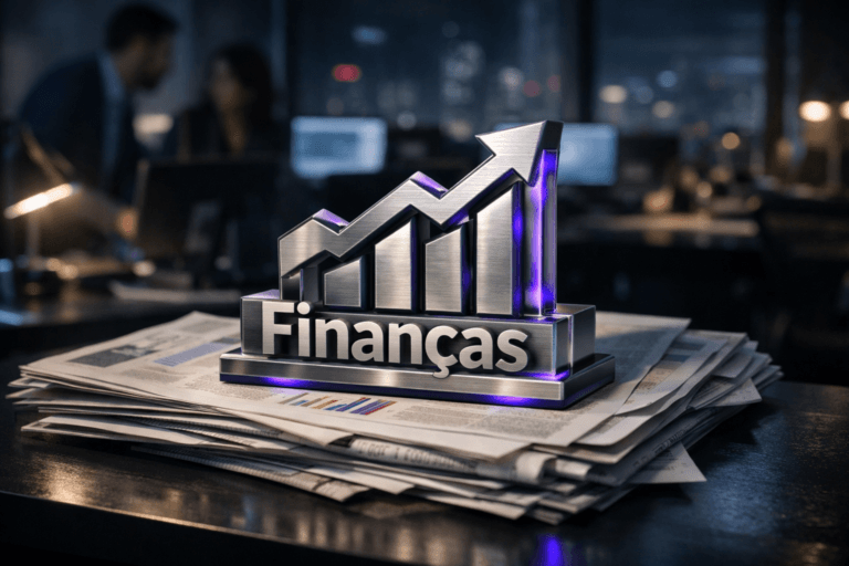 A photorealistic medium-wide cinematic shot, camera positioned approximately 1–2 meters from the subject, capturing a solid 3D isometric desktop sculpture of the official Finanças logo, rendered in premium brushed metal and glass, resting neatly on top of a stacked pile of printed financial newspapers and detailed financial reports spread across a modern desk, the Finanças logo clearly readable and physically grounded in the scene. The object integrates subtle electric-purple #7B63FF accents along its edges and inner reflections, suggesting intelligence and real-time analytics without overpowering the neutral corporate palette of soft grays, charcoals, and muted blues. Set in a contemporary corporate finance office at night with a Tech-Noir mood, large windows revealing a softly blurred city skyline with faint neon reflections, multi-monitor workstations glowing in the background, and a few out-of-focus, diverse finance professionals in business-casual attire collaborating around nearby desks, providing natural human presence in the periphery. Lighting is low-key and practical, coming from desk lamps, monitor glow, and distant office fixtures, complemented by a soft integrated white spotlight from the side that gently reveals the form, texture, and depth of the Finanças logo sculpture and the layered paper reports, creating natural shadows and a shallow-to-medium depth of field, 35mm cinematic look. Cinematic realism, natural depth of field, premium materials, ultra-detailed, 8K, no captions, no text overlays beyond the realistic Finanças logo, no watermarks.