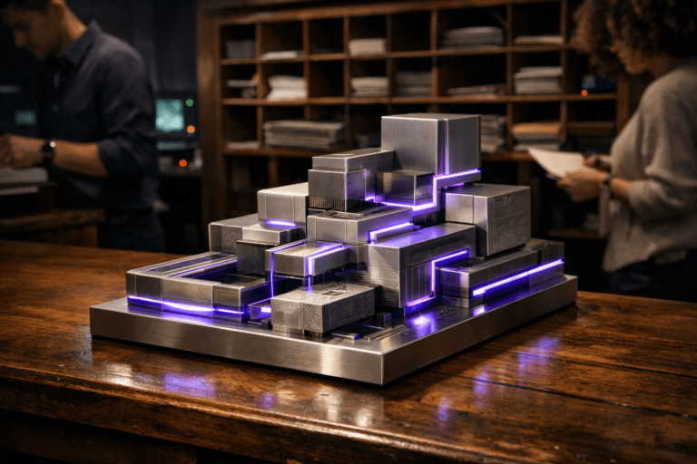 A photorealistic medium-wide cinematic shot, camera positioned approximately 1–2 meters from the subject, capturing a stylized physical desk sculpture representing modern financial architecture as the hero object — a solid, geometric tabletop sculpture made of interlocking acrylic and brushed-metal blocks arranged like modular Lego-style layers and channels, with faint circuit-like engravings and small embedded light strips, clearly readable on the surface of a wooden mail-sorting table within a realistic environment. The object integrates subtle electric-purple (#7B63FF) accents along its edges and internal seams, indicating intelligence, data flow, and real-time financial routing without overpowering realism. Set in a Tech-Noir inspired corporate back-office “war room” around a vintage mail-classification table, with warm wooden mail slots and pigeonholes filling the background, some cubbies holding neatly stacked envelopes and folders, a few dim computer monitors and indicator LEDs casting cool reflections on the wood, and one or two diverse professionals in business-casual attire moving or sorting documents softly out of focus in the periphery. Lighting is low-key and practical, coming from overhead office fixtures, table lamps, and the glow of nearby screens, complemented by a soft integrated white spotlight from above and slightly to the side that gently reveals the sculpture’s form, texture, and depth against the wooden mail table and cubbies. Cinematic realism, subtle Tech-Noir color contrast with neutral corporate tones and restrained neon accents, natural depth of field, premium materials, ultra-detailed, 8K, no text, no UI, no captions, no watermarks.