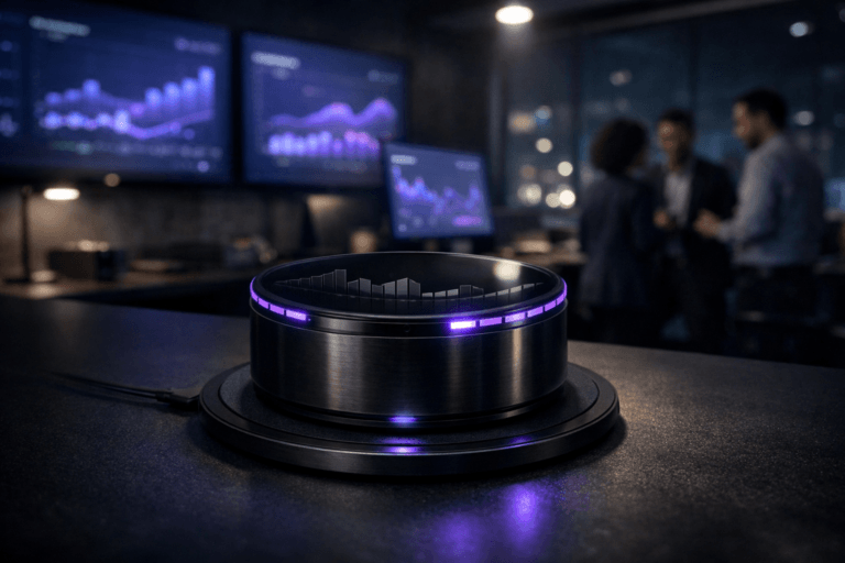 A photorealistic medium-wide cinematic shot, camera positioned approximately 1–2 meters from the subject, capturing a refined real-world hero object: a sleek black glass-and-metal FinOps control hub, a compact cylindrical smart device resting neatly on a circular black wireless charging pad atop a dark matte desk, its top surface etched with subtle layered chart-like reliefs and segmented light bars, edges and fine details softly illuminated with electric purple accents (#7B63FF) to suggest real-time cloud cost intelligence, clearly readable within a realistic environment. The object integrates subtle electric-purple accents indicating intelligence or activity without overpowering realism. Set in a dimly lit modern cloud-operations war room in a SaaS company office at night, with large wall-mounted screens and desktop monitors softly glowing with abstract, text-free financial and cloud-usage dashboards, glass walls revealing a distant city skyline with scattered neon lights, and a few diverse professionals in business-casual attire collaborating around nearby workstations, softly out of focus in the background. Lighting is low-key and practical, coming from the monitors, a desk lamp, and a soft integrated white spotlight from above and slightly to the side, gently revealing the hub’s form, brushed metal texture, and glass reflections while letting the room fall into rich shadows. Cinematic realism, 35mm lens look, natural shallow-to-medium depth of field, neutral corporate tones with restrained neon purple and cool blue accents, premium materials, ultra-detailed, 8K, no captions, no visible text, no logos, no watermarks.
