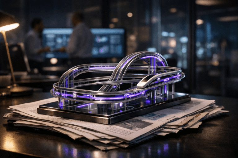 A photorealistic medium-wide cinematic shot, camera positioned approximately 1–2 meters from the subject, capturing a sleek glass-and-metal tabletop sculpture that represents a fintech high-speed rail network — interlocking miniature rails with embedded circuit-like lines and discreet contactless payment symbols — resting on top of a slightly messy stack of printed financial newspapers and analytic reports on a modern desk, clearly readable as the hero object within a realistic environment. The object integrates subtle electric-purple (#7B63FF) LED-like accents along the rails and circuitry to indicate intelligence and real-time digital flows without overpowering realism. Set in a dimly lit modern Brazilian fintech office at night, with large monitors in the background softly displaying blurred dashboards of charts and metrics, glass walls hinting at a city skyline with cool blue reflections, and a few diverse professionals in business-casual attire out of focus in the periphery, standing and conferring around workstations. Lighting is low-key and practical, coming from monitor glow, a desk lamp and distant ceiling fixtures, complemented by a soft integrated white spotlight from the side that gently reveals the sculpture’s polished metal, glass surfaces, and the printed texture of the reports, adding depth and subtle reflections. Cinematic realism, natural shallow-to-medium depth of field, neutral corporate tones with restrained electric purple neon accents, premium materials, ultra-detailed, 8K, no readable text, no captions, no text overlays, no watermarks.