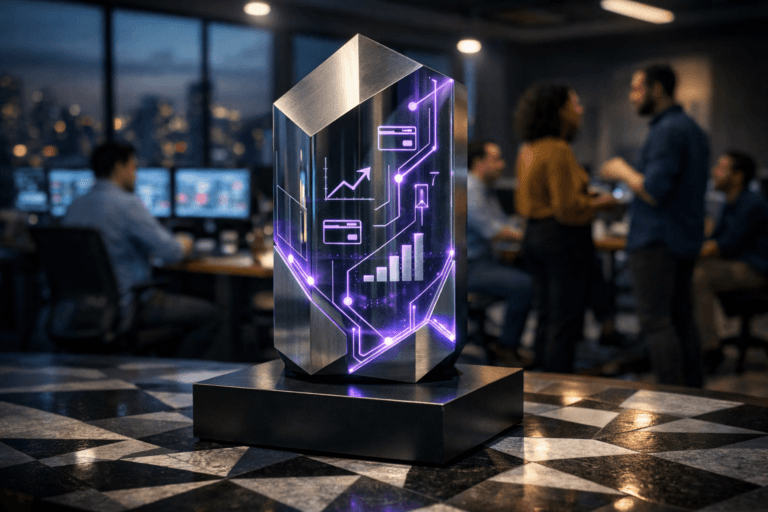 A photorealistic medium-wide cinematic shot, camera positioned approximately 1–2 meters from the subject, capturing a sleek physical tabletop sculpture representing “Fintech Innovations”: a solid glass and brushed-metal monolith with subtly faceted geometry inspired by 3D isometric design, gently beveled edges, and its surface etched with tiny abstract financial graphs, payment-flow arrows, and card icons, standing on a low matte-black pedestal placed on a complex geometric mosaic floor, clearly readable within a realistic environment. The object integrates subtle electric-purple #7B63FF accents glowing softly along internal circuitry and edges to indicate intelligence and real-time activity without overpowering realism. Set in a late-evening São Paulo fintech product war-room: an open-plan corporate office with floor-to-ceiling windows revealing a softly blurred city skyline, geometric mosaic flooring extending through the space, modern workstations with multiple monitors showing out-of-focus real-time dashboards and fraud alerts, and a diverse Brazilian product squad in smart-casual attire collaborating naturally in the background and periphery, some seated at desks, others gathered near the sculpture, all with candid, focused postures. Lighting is low-key and practical, coming from overhead office panels, desk lamps, and computer screens, complemented by a soft integrated white spotlight from above and slightly to the side of the sculpture, gently revealing form, texture, and depth on the glass and metal surfaces, with cool blue and charcoal ambient tones and restrained neon reflections. Cinematic realism, natural shallow-to-medium depth of field, premium materials, ultra-detailed, 8K, no captions, no legible text on screens, no logos, no watermarks.