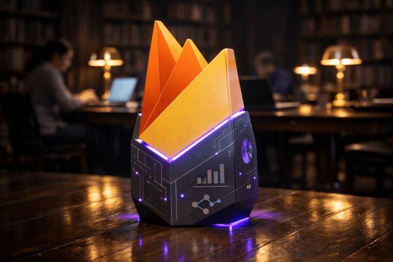A photorealistic medium-wide cinematic shot, camera positioned approximately 1–2 meters from the subject, capturing a tangible 3D isometric installation of the official Firebase logo as the hero object, a sleek knee-high polygonal sculpture standing solidly on a polished dark-wood library floor, the Firebase logo clearly visible and accurately colored on the front face, with subtle etched circuitry and minimalist analytics-style icons along its sides, all easily readable within a realistic environment. The object integrates subtle electric-purple (#7B63FF) accents indicating intelligence or activity without overpowering realism, with faint neon reflections on the wood floor and soft UI-like glows along the sculpture’s edges. Set in a moody, old-world library with dark wooden floorboards and towering bookshelves receding into shadow, warm brass desk lamps and a few modern laptops glowing on a long reading table, blending classical architecture with a restrained Tech-Noir, data-ops atmosphere, with natural human presence in the background or periphery as diverse professionals quietly working at the tables on their laptops. Lighting is low-key and practical, coming from desk lamps, screen light and a soft integrated white spotlight from above and slightly to the side of the Firebase sculpture, gently revealing form, texture, and depth while letting the rest of the library fall into cinematic shadow. Cinematic realism, natural depth of field, premium materials, ultra-detailed, 8K, no captions, no UI screens filling the frame, no text overlays, no watermarks.
