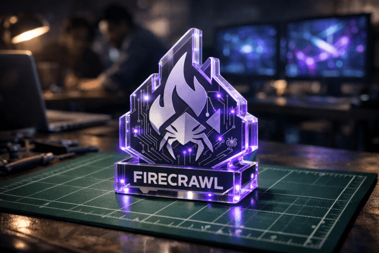 A photorealistic medium-wide cinematic shot, camera positioned approximately 1–2 meters from the subject, capturing a tangible 3D acrylic desktop sculpture in the shape of the official Firecrawl logo, modeled in precise isometric form and resting neatly on a green cutting mat with a crisp white measurement grid, the Firecrawl logo clearly readable on the front surface and subtly adorned with engraved circuitry and web-crawling iconography, clearly readable within a realistic environment. The object integrates subtle electric-purple #7B63FF accents indicating intelligence or activity without overpowering realism, with a faint neon-purple edge glow and soft reflected highlights from nearby screens. Set in a dimly lit late-night tech startup workspace, the cutting mat covering part of a large workbench in a modern office, surrounded by softly blurred tools, a laptop and dual monitors showing abstract data-flow visualizations, with the out-of-focus silhouettes and hands of diverse professionals collaborating in the background, creating a grounded Tech-Noir atmosphere. Lighting is low-key and practical, coming from desk lamps and monitor glow, complemented by a soft integrated white spotlight from the side that gently reveals the logo’s glossy acrylic surfaces, the texture of the cutting mat, and the surrounding objects, adding depth and subtle shadows. Cinematic realism, natural shallow-to-medium depth of field, premium materials, ultra-detailed, 8K, no captions, no text overlays, no watermarks.