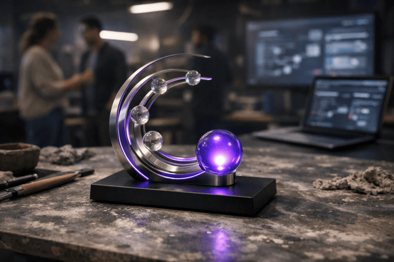 A photorealistic medium-wide cinematic shot, camera positioned approximately 1–2 meters from the subject, capturing a premium glass-and-metal desktop sculpture clearly representing “first-touch attribution” as the hero object: a circular journey-map–like structure made of thin brushed-metal arcs and translucent glass nodes, all converging into a single front-most node that softly glows with electric purple #7B63FF, mounted on a matte black base, sized like an elegant desk award and resting solidly on a gray ceramic worktable streaked and smudged with dried clay. The object integrates subtle electric-purple accents along the leading arcs and within the primary node, indicating intelligence and activity without overpowering the natural metal and glass materials. Set in a Tech-Noir UX analytics studio environment around the table: the ceramic surface is slightly messy with clay tools and off-focus design artifacts, while in the softly blurred background there are large wall-mounted screens and laptop displays showing indistinct dashboards and user-journey wireframes (no readable text), and a few diverse UX designers and analysts in casual-professional clothing collaborating and moving naturally. Lighting is low-key and practical, coming from overhead industrial fixtures, the cool glow of screens, and a soft integrated white spotlight from the side that gently reveals the sculpture’s form, texture, glass reflections, and the tactile imperfections of the clay-stained ceramic table, casting subtle cinematic shadows. Color palette is neutral corporate tones—charcoal, slate gray, soft beige—with restrained neon accents from the electric purple node and cool screen reflections, creating a refined Tech-Noir mood. Cinematic realism, 35mm lens look, natural shallow-to-medium depth of field isolating the hero object while keeping the studio context readable, premium materials, ultra-detailed, 8K, no captions, no text overlays, no watermarks.