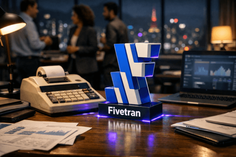 A photorealistic medium-wide cinematic shot, camera positioned approximately 1–2 meters from the subject, capturing a real 3D isometric-style Fivetran logo sculpture as the hero object — glossy blue and white, with precise edges, standing upright on a modern accountant’s wooden desk beside an old beige mechanical calculator with chunky keys and a paper roll — the official Fivetran logo clearly visible on the front within a realistic office environment. The object integrates subtle electric-purple (#7B63FF) accents as faint luminous lines and reflections around its base and along the desk surface, suggesting intelligent, automated data flow without overpowering realism. Set in a tech-noir corporate finance and analytics office at night, high-floor view with the blurred São Paulo city skyline and neon hints visible through a window, the desk scattered with slightly messy printed financial reports, notebooks, and a laptop showing softly blurred analytics dashboards and charts. Natural human presence appears in the midground and background: a small, diverse group of Brazilian professionals in smart-casual attire — an accountant and data analyst — captured candidly, slightly out of focus, discussing work and moving around the workstation without stealing focus from the Fivetran logo sculpture and vintage calculator. Lighting is low-key and practical, coming from a warm desk lamp, the cool glow of monitor screens, and distant city lights, complemented by a soft integrated white spotlight from the side that gently reveals the form, texture, and depth of the Fivetran logo sculpture, the aged surface of the old calculator, and the grain of the desk. Cinematic realism, 35mm photographic look, natural shallow-to-medium depth of field, neutral corporate tones with restrained neon purple and blue accents, premium materials, ultra-detailed, 8K, no random text or captions, only the official Fivetran logo, no watermarks.
