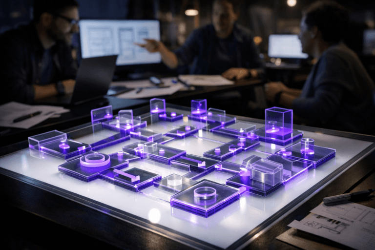 A photorealistic medium-wide cinematic shot, camera positioned approximately 1–2 meters from the subject, capturing a physical 3D isometric arrangement of semi-transparent acrylic tiles and modular components interlocking like a sophisticated user-flow diagram on a glowing designer’s light table, each element connecting harmoniously with subtle electric-purple #7B63FF edge accents indicating fluid, intelligent interaction, clearly readable within a realistic environment. The object integrates subtle electric-purple accents indicating intelligence or activity without overpowering realism. Set in a dimly lit Tech-Noir UX design studio at night, with the light table as the luminous centerpiece, large monitors and laptops glowing softly in the background, scattered sketches and prototyping tools on nearby desks, and a diverse group of UX designers in the periphery captured candidly and slightly out of focus as they collaborate and review wireframes. Lighting is low-key and practical, coming from the light table, monitor glow, and a few overhead fixtures, complemented by a soft integrated white spotlight from above and slightly to the side, gently revealing form, texture, and depth of the acrylic components and tabletop. Cinematic realism, natural depth of field, premium materials, ultra-detailed, 8K, no visible text, no captions, no watermarks.