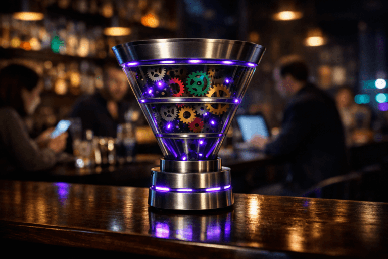 A photorealistic medium-wide cinematic shot, camera positioned approximately 1–2 meters from the subject, capturing a sleek, physical funnel-shaped analytics device made of brushed metal and glass, filled with interlocking color-coded gears and subtle electric-purple #7B63FF indicator lights that represent an automated marketing workflow system, resting prominently on a polished dark wooden bar counter, clearly readable within a realistic environment. The object integrates subtle electric-purple accents indicating intelligence or activity without overpowering realism. Set in a contemporary cocktail bar at night with a dark, glossy wooden counter, moody ambient lighting, soft neon reflections in electric purple and teal, and naturally blurred patrons and a bartender in the background, some using smartphones and a laptop at the bar, adding candid human presence without distracting from the hero object. Lighting is low-key and practical, coming from bar pendants, backlit shelves, and screen glow, complemented by a soft integrated white spotlight from above and slightly to the side, gently revealing form, texture, and depth. Cinematic realism, natural depth of field, premium materials, ultra-detailed, 8K, no captions, no text overlays, no watermarks.