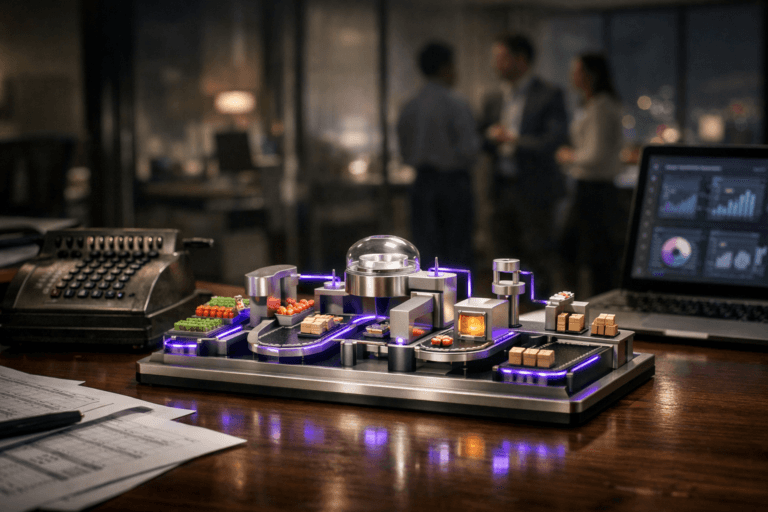 A photorealistic medium-wide cinematic shot, camera positioned approximately 1–2 meters from the subject, capturing a stylized physical desk sculpture representing Food Tech as the clear hero object: a premium 3D-printed acrylic and brushed-metal miniature food production line with tiny ingredient crates, conveyor belts and sensor modules, designed with clean isometric geometry, colorful yet sophisticated, sitting on a polished corporate desk, with subtle electric-purple #7B63FF light traces running through the sculpture to suggest data, AI and connectivity without looking sci-fi. The object integrates subtle electric-purple accents indicating intelligence or activity without overpowering realism. Set in a modern, dimly lit corporate finance office at night, on an accountant’s desk with an old vintage mechanical calculator beside the sculpture, scattered financial papers, a laptop showing softly blurred analytics dashboards, and a window hinting at a moody city skyline with distant lights; a few diverse professionals are visible in the background in soft focus, discussing quietly near glass partitions, their presence secondary to the hero object. Lighting is low-key and practical, coming from the laptop screen, a desk lamp and distant office fixtures, complemented by a soft integrated white spotlight from above and slightly to the side, gently revealing the form, texture and depth of the Food Tech sculpture, the worn metal of the old calculator, and the grain of the desk. Cinematic realism, natural shallow-to-medium depth of field with the sculpture and calculator in crisp focus and the background tastefully blurred, neutral corporate color palette with restrained neon electric-purple accents, premium materials, ultra-detailed, 8K, no captions, no text overlays, no watermarks.