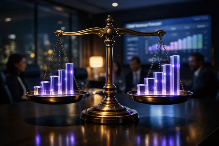A photorealistic medium-wide cinematic shot, camera positioned approximately 1–2 meters from the subject, capturing a polished vintage brass balance scale placed on a sleek dark conference table, each plate holding translucent glass blocks arranged as ascending bar charts that form a tangible “revenue forecasting” sculpture, clearly readable within a realistic environment. The object integrates subtle electric-purple accents indicating intelligence or activity without overpowering realism, with discreet #7B63FF reflections along the brass edges and softly glowing through the glass blocks. Set in a modern tech-driven corporate meeting room at night, glass walls revealing a blurred city skyline, a large wall-mounted screen in the background displaying an out-of-focus CRM revenue forecast dashboard, and a diverse group of professionals in business attire seated around the table in soft focus, providing natural human presence in the background and periphery. Lighting is low-key and practical, coming from the screen, recessed ceiling strips, and a single desk lamp, complemented by a soft integrated white spotlight from above and slightly to the side, gently revealing form, texture, and depth of the brass, glass, and tabletop. Cinematic realism, natural depth of field, premium materials, ultra-detailed, 8K, no captions, no text overlays, no watermarks.