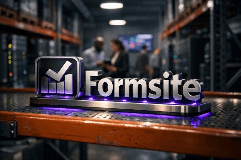 A photorealistic medium-wide cinematic shot, camera positioned approximately 1–2 meters from the subject, capturing the official Formsite logo rendered as a sleek three-dimensional acrylic and brushed-metal sculpture in a subtle isometric style, resting securely on an eye-level bright-orange industrial warehouse rack shelf, the logo clearly readable and treated as a premium physical object surrounded by minimalist tech-inspired details like small indicator lights and clean metal edging. The object integrates subtle electric-purple (#7B63FF) accents glowing softly along its edges and base to indicate intelligence and real-time analytics activity without overpowering realism. Set in a modern tech-noir warehouse-operations environment, with tall rows of orange pallet racks, neatly organized servers and monitors farther down the aisle hinting at a data-driven marketing operation; in the background, slightly out of focus, a small diverse group of professionals in smart-casual attire walk through the aisle and consult a tablet, one glancing toward a distant wall-mounted screen showing a blurred real-time dashboard. Lighting is low-key and practical, coming from overhead industrial fixtures and the cool glow of distant screens, complemented by a soft integrated white spotlight from above and slightly to the side that gently reveals the logo’s form, texture, and depth on the rack, casting realistic shadows on the metal shelf. Cinematic realism, natural shallow-to-medium depth of field, neutral corporate palette with restrained blue and electric-purple neon accents, premium materials, ultra-detailed, 8K, no text overlays, no watermarks.