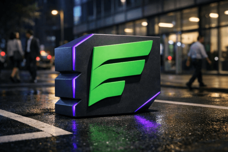 A photorealistic medium-wide cinematic shot, camera positioned approximately 1–2 meters from the subject, capturing a large three-dimensional Formstack logo sculpture rendered as a solid isometric 3D object, the official green Formstack logo clearly visible on the front face, sitting firmly on a dark asphalt surface with crisp white road lane markings, clearly readable within a realistic environment. The object integrates subtle electric-purple (#7B63FF) accents along its beveled edges and soft internal reflections, indicating intelligence or activity without overpowering realism. Set on a moody tech-noir urban street at night in front of a modern glass-front office building, the slightly wet asphalt reflecting muted neon and screen light, with a few out-of-focus, diverse professionals in business-casual attire walking along the sidewalk and near the crosswalk in the background, providing natural human presence in the periphery. Lighting is low-key and practical, coming from nearby streetlights, office windows, and distant signage, complemented by a soft integrated white spotlight from above and slightly to the side that gently reveals the logo’s form, texture, and depth, casting realistic shadows on the asphalt. Cinematic realism, natural shallow-to-medium depth of field, 35mm lens look, neutral corporate color palette with restrained green and electric-purple neon accents, premium materials, ultra-detailed, 8K, no text overlays, no captions, no watermarks.