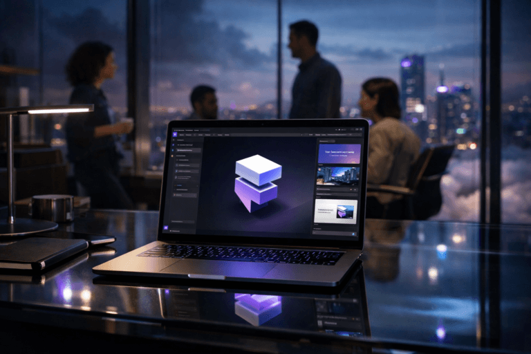 A photorealistic medium-wide cinematic shot, camera positioned approximately 1–2 meters from the subject, capturing a sleek high-end laptop on a minimalist glass workstation in a modern marketing office, its screen clearly showing the official Framer AI website builder interface with the genuine Framer logo rendered as a sharp 3D isometric icon within the UI, surrounded by subtle interface panels hinting at AI-generated page layouts, copy, and imagery, clearly readable within a realistic environment. The object integrates subtle electric-purple (#7B63FF) accents in the UI highlights, keyboard backlight, and faint desk reflections indicating intelligence or activity without overpowering realism. Set in a dusk-time glass-walled corner office atop a skyscraper, overlooking a tech-noir city skyline partially shrouded in softly glowing cumulus clouds below, with neon purple and teal city lights reflecting softly on the windows and desk surfaces, with natural human presence in the background or periphery as a small, diverse team of marketing professionals in smart-casual attire collaborate around the workstation, slightly out of focus, standing and seated, engaged in quiet discussion. Lighting is low-key and practical, coming from monitor glow, a slim desk lamp, and ambient city light, complemented by a soft integrated white spotlight from above and slightly to the side, gently revealing form, texture, and depth on the laptop, glass desk, and surrounding objects. Cinematic realism, natural depth of field, premium materials, ultra-detailed, 8K, neutral corporate color palette with restrained neon accents, no captions, no text overlays, no watermarks.