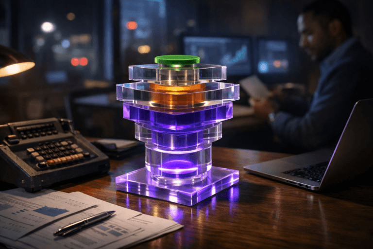 A photorealistic medium-wide cinematic shot, camera positioned approximately 1–2 meters from the subject, capturing a stylized physical “growth framework” desk sculpture as the hero object — stacked translucent acrylic blocks and circular dials forming an isometric funnel-like structure in clean geometric layers, subtly color-coded to suggest metrics and startup growth stages, placed neatly on an accountant’s wooden desk beside a vintage mechanical calculator, scattered financial printouts, and a slim laptop partially visible — all clearly readable within a realistic environment. The object integrates subtle electric-purple #7B63FF accents glowing softly along its edges and within a few internal light strips, indicating intelligence and AI-driven activity without overpowering realism. Set in a dimly lit modern startup finance office at night, with the accounting desk near a large window showing blurred city lights and distant neon, softly glowing monitors with out-of-focus charts in the background, and a diverse professional figure slightly out of focus in the periphery, casually reviewing documents or typing at the workstation. Lighting is low-key and practical, coming from desk lamps, monitor glow, and a few overhead fixtures, complemented by a soft integrated white spotlight from the side, gently revealing the sculpture’s form, glassy texture, and depth, as well as the worn details of the old calculator. Cinematic realism, natural shallow-to-medium depth of field, premium materials, ultra-detailed, 8K, neutral corporate palette with restrained neon tech-noir accents, no text, no captions, no watermarks.