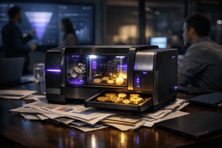 A photorealistic medium-wide cinematic shot, camera positioned approximately 1–2 meters from the subject, capturing a sleek, real-world “conversion machine” the size of a desktop appliance, made of matte black metal and brushed steel, resting directly on a slightly messy stack of printed financial reports and folded newspapers on a large conference table. The machine has a transparent central chamber where dull, raw metal tokens enter from one side and emerge on a front tray as polished, glowing gold coins and small gold bars, with subtle electric-purple #7B63FF indicator lines, LED accents, and HUD-like reflections suggesting intelligent data processing, all clearly readable within a realistic environment. The object integrates subtle electric-purple accents indicating intelligence or activity without overpowering realism. Set in a late-night B2B SaaS war room in a modern glass-walled office, with large wall-mounted screens in the background softly displaying abstracted dashboards and funnel charts (no readable text), laptops and notebooks scattered on the table, and a few diverse marketing and analytics professionals in business-casual attire standing or seated in the periphery, slightly out of focus, discussing the screens and pointing at the reports. Lighting is low-key and practical, coming from the glow of the screens, a few overhead recessed fixtures, and a soft integrated white spotlight from above and slightly to the side of the machine, gently revealing form, texture, and depth of the metal, paper, and gold. Subtle tech-noir mood with cool neutral corporate tones, deep shadows, and restrained neon purple accents, natural shallow-to-medium depth of field, cinematic realism, premium materials, ultra-detailed, 8K, no captions, no text overlays, no watermarks.