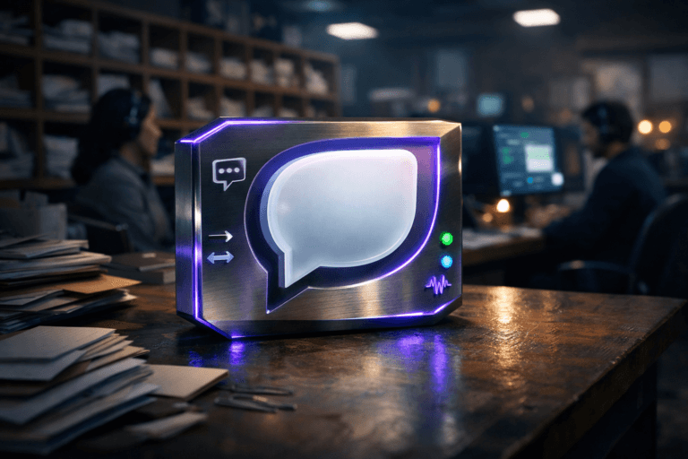 A photorealistic medium-wide cinematic shot, camera positioned approximately 1–2 meters from the subject, capturing a solid 3D isometric Freshchat logo as a physical matte-glass and brushed-metal desk sculpture resting on a busy mail-sorting table, the official Freshchat logo clearly visible on the front face and edges, surrounded by small, subtle UI-inspired icon insets and tiny indicator lights that hint at real-time conversations and routing, clearly readable within a realistic environment. The object integrates subtle electric-purple #7B63FF accent glows along its beveled edges and indicator lines, indicating intelligence and activity without overpowering realism. Set in a Tech-Noir inspired corporate mailroom that doubles as a customer support control hub, with a long wooden mail-sorting table in the foreground and tall wooden pigeonhole compartments filled with envelopes and folders receding into the background, computer monitors with chat dashboards, soft bokeh LED status lights, and diverse support agents in headsets moving naturally and slightly out of focus in the periphery, cool bluish ambient light mixing with warm tungsten task lamps for a balanced, lived-in feel. Lighting is low-key and practical, coming from overhead office panels, desk lamps, and monitor glow, complemented by a soft integrated white spotlight from the side that gently reveals the logo sculpture’s form, texture, and depth, casting realistic shadows across the table surface. Cinematic realism, 35mm lens look, natural shallow-to-medium depth of field, neutral corporate tones with restrained teal and electric-purple neon accents, premium materials, ultra-detailed, 8K, no captions, no text overlays, no watermarks.