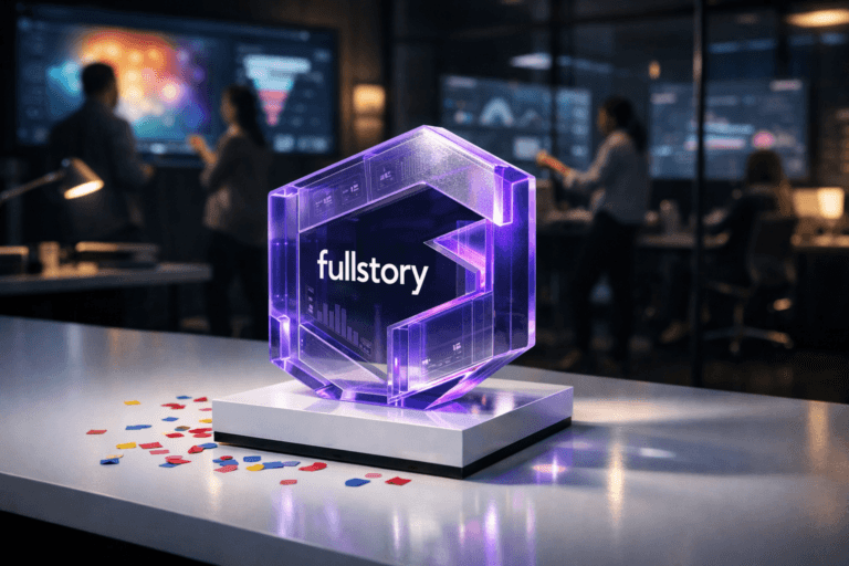 A photorealistic medium-wide cinematic shot, camera positioned approximately 1–2 meters from the subject, capturing a precision-crafted 3D isometric sculpture of the FullStory logo as a real-world hero object, made of translucent acrylic with subtle interface-like engravings and a crisply visible, accurate FullStory logo on its front face, resting on a sleek white desk that transitions to a white floor where scattered, colorful paper confetti hints at a recent product-milestone celebration, all clearly readable within a realistic environment. The object integrates subtle electric-purple (#7B63FF) accents along its edges and internal reflections, suggesting intelligent behavioral data activity without overpowering realism. Set in a dark, Tech-Noir style analytics war-room office at night, with large wall-mounted screens and glass partitions in the background softly displaying abstract dashboards, heatmaps, funnels and session timelines (all text illegible), a small diverse team of professionals in smart casual attire moving and collaborating around the screens in natural, candid poses at the periphery and in soft focus. Lighting is low-key and practical, coming from the glow of the monitors, a few modern desk lamps and LED strips, complemented by a soft integrated white spotlight from above and slightly to the side that gently reveals the logo sculpture’s form, texture and depth, casting clean reflections on the desk and faint shadows on the confetti-strewn floor. Cinematic realism, 35mm–50mm photographic look, natural shallow-to-medium depth of field, neutral corporate color palette with restrained neon purples and cool cyans in reflections, premium materials, ultra-detailed, 8K, no captions, no text overlays, no watermarks.