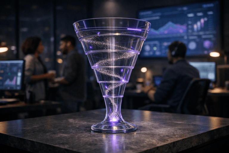 A photorealistic medium-wide cinematic shot, camera positioned approximately 1–2 meters from the subject, capturing a tall, translucent glass funnel sculpture on a matte gray soapstone tabletop, its smooth, tiered chambers clearly visible and filled with streams of tiny softly glowing particles flowing downward in a controlled spiral like live data moving through a SaaS growth funnel, clearly readable within a realistic environment. The object integrates subtle electric-purple (#7B63FF) accents indicating intelligence or activity without overpowering realism, with faint neon-purple lines and nodes etched into the glass and a gentle internal glow where the particles converge. Set in a late-night Brazilian SaaS startup control-room office, with the soapstone table as a central island, blurred monitors on surrounding desks and a wall-mounted analytics dashboard casting cool light, distant city lights visible through a glass wall, and a small diverse team of tech and marketing professionals in soft focus at the edges of the frame, casually collaborating and observing the screens. Lighting is low-key and practical, coming from monitor glow, a few desk lamps, and a soft integrated white spotlight from above that grazes the glass funnel and soapstone surface, gently revealing form, texture, and depth while leaving the background in moody shadow with restrained teal and electric-purple reflections. Cinematic realism, 35mm lens look, natural shallow-to-medium depth of field with the hero funnel in sharp focus and people and dashboards subtly blurred, premium materials, ultra-detailed, 8K, no text, no legible UI, no watermarks.