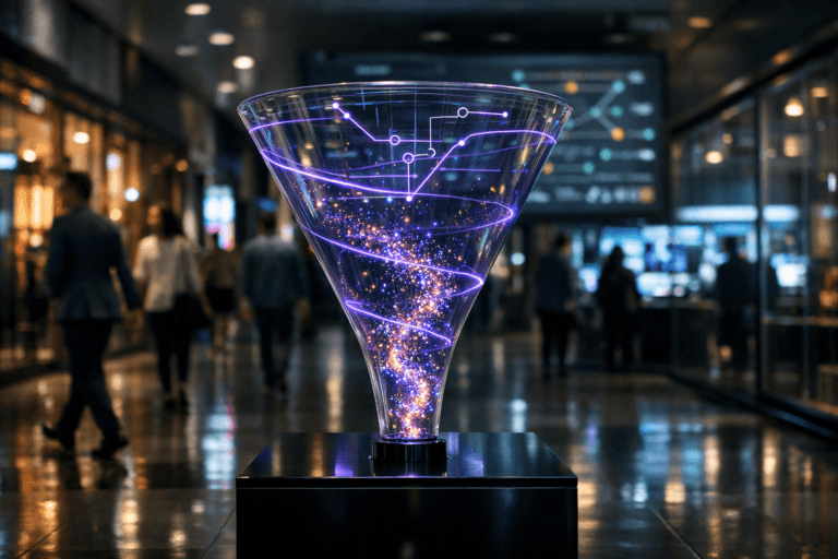 A photorealistic medium-wide cinematic shot, camera positioned approximately 1–2 meters from the subject, capturing a waist-height translucent glass funnel sculpture on a sleek dark pedestal in the center of a corridor, the funnel filled with tiny glowing colored particles spiraling smoothly downward like data points, with subtle electric-purple #7B63FF light traces wrapping around the glass and faint etched flow lines evoking a metro-map style conversion funnel, clearly readable within a realistic environment. The object integrates subtle electric-purple accents indicating intelligence and real-time activity without overpowering the natural glass reflections and physical presence. Set in a high-end shopping mall corridor at night with a glossy porcelain tile floor reflecting soft neon and screen glow, digital advertising displays and a large wall dashboard in the background showing an out-of-focus metro-style analytics interface, glass storefronts and a distant glass-walled “war room” office where blurred figures monitor screens, with natural human presence in the background and periphery as diverse shoppers and professionals in business-casual attire walk by or briefly glance at the sculpture, rendered in soft focus so the funnel remains the hero. Lighting is low-key and practical, coming from overhead mall downlights, nearby digital screens and signage, complemented by a soft integrated white spotlight from above and slightly to the side of the funnel, gently revealing form, texture, and depth in the glass and particles while casting cinematic reflections on the porcelain floor. Cinematic realism, natural shallow-to-medium depth of field, premium materials, subtle tech-noir mood with restrained purple and teal accents over neutral corporate tones, ultra-detailed, 8K, no captions, no text, no logos, no watermarks.