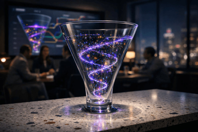 A photorealistic medium-wide cinematic shot, camera positioned approximately 1–2 meters from the subject, capturing a tall, translucent glass marketing funnel sculpture placed on a white terrazzo (granilite) tabletop with colorful stone chips, inside the funnel streams of tiny multicolored light particles and data-like pixels spiraling smoothly downward in a helix, clearly visible through the glass within a realistic environment. The object integrates subtle electric-purple #7B63FF accents indicating intelligence or activity, with faint neon highlights tracing some of the particles and soft reflections along the rim and base of the funnel, without overpowering realism. Set in a dimly lit, high-end corporate marketing analytics war room at night, with floor-to-ceiling windows revealing a softly blurred futuristic city skyline, a large wall-mounted screen in the background displaying an out-of-focus funnel dashboard and metro-map-like channel lines, and a small group of diverse professionals in business-casual attire gathered around the table, slightly out of focus and engaged in quiet discussion, providing natural human presence in the periphery. Lighting is low-key and practical, coming from the glow of the wall screens and subtle desk lamps, complemented by a soft integrated white spotlight from above that gently reveals the form, texture, and depth of the glass funnel and terrazzo surface. Cinematic realism, 35mm lens look, natural shallow-to-medium depth of field, premium materials, ultra-detailed, 8K, subtle tech-noir color palette with neutral corporate tones and restrained neon accents, no captions, no on-screen readable text, no watermarks, no logos.