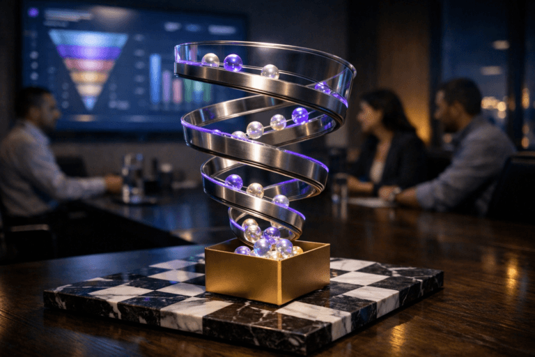A photorealistic medium-wide cinematic shot, camera positioned approximately 1–2 meters from the subject, capturing a real-world spiral sales-funnel sculpture as the hero object: a sleek glass-and-brushed-metal spiral funnel mounted on a polished black-and-white marble chessboard, with small translucent spheres softly glowing as they roll down the spiral into a compact matte-gold gift box at the base, clearly readable within a realistic environment. The object integrates subtle electric-purple (#7B63FF) accents indicating intelligence or activity, visible as faint neon highlights along the spiral edges and within a few of the glowing spheres, without overpowering realism. Set in a dimly lit modern corporate meeting room during an early-morning weekly sales performance meeting, with the chessboard resting on a dark wooden conference table, a large wall-mounted screen in the background showing an abstract CRM sales dashboard and sales-funnel charts (no legible text, no real-world logos), and a diverse group of professionals in business-casual attire taking seats and quietly discussing in the soft background blur. Lighting is low-key and practical, coming from the wall screen, a couple of ceiling panels, and citylight leaking through a side window, complemented by a soft integrated white spotlight from above that gently reveals the form, reflections, and texture of the spiral sculpture, the marble chessboard, and the golden box, creating subtle Tech-Noir contrast with cool shadows and restrained neon accents. Cinematic realism, shot on a 35mm lens, natural shallow-to-medium depth of field, premium materials, ultra-detailed, 8K, no text overlays, no watermarks, no recognizable brands or real people.