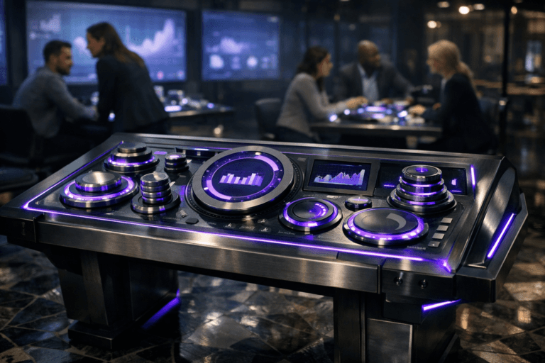 A photorealistic medium-wide cinematic shot, camera positioned approximately 1–2 meters from the subject, capturing a sleek real-world hero object: a futuristic tabletop data cockpit inspired by a racing game control panel, physically built as a premium metal-and-glass console representing Advanced Gamification, its surface layered with tangible circular dials, illuminated progress rings, stacked tokens and embedded mini-screens showing abstract graphs and progress indicators, all clearly readable and tactile, with no legible text or numbers. The object integrates subtle electric-purple (#7B63FF) accents along light strips, interface edges and indicator glows, suggesting intelligence and real-time analytics without overpowering the realistic materials. Set in a tech-noir corporate analytics war room with a complex geometric mosaic floor, glass walls and multiple large wall-mounted screens displaying soft-focus abstract dashboard visuals, in a modern office at night, with a small, diverse group of professionals in business-casual attire collaborating around secondary consoles in the background and periphery, naturally candid, neutral expressions, slightly out of focus. Lighting is low-key and practical, coming from the console, wall screens and a few overhead fixtures, with a cool neutral corporate palette of charcoals, deep blues and soft grays, accented by restrained electric-purple highlights, complemented by a soft integrated white spotlight from above and slightly to the side, gently revealing form, texture and depth of the cockpit and mosaic floor. Cinematic realism, natural shallow-to-medium depth of field, premium materials, ultra-detailed, 8K, 35mm lens look, no captions, no text overlays, no watermarks.
