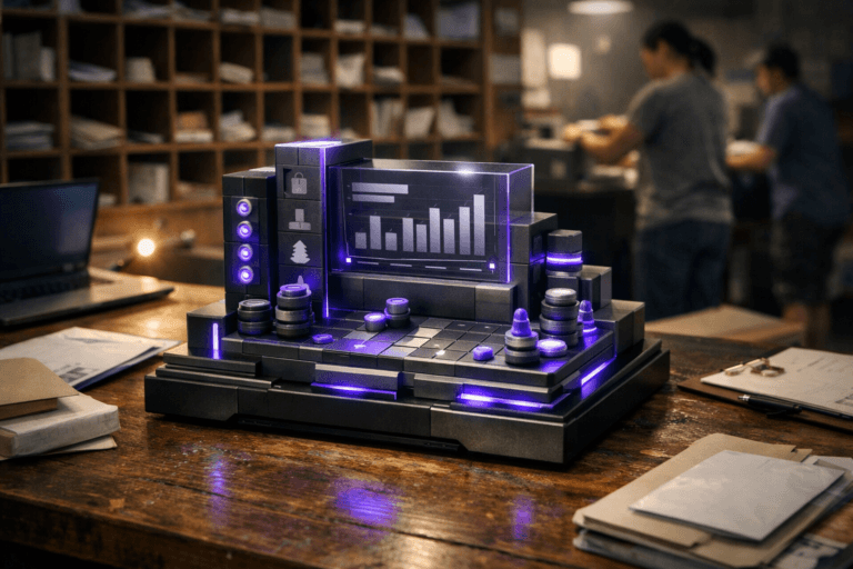 A photorealistic medium-wide cinematic shot, camera positioned approximately 1–2 meters from the subject, capturing a sleek physical desktop sculpture that embodies product gamification: a solid, premium-looking 3D object built from stacked isometric blocks and translucent panels forming a stylized digital dashboard and game board hybrid, with miniature etched progress bars, level icons and token-like counters integrated into the surface, sitting firmly on a wooden mail-sorting table, clearly readable within a realistic environment. The object integrates subtle electric-purple (#7B63FF) accents glowing softly along edges and markers to indicate intelligence or activity without overpowering realism. Set in a late-night operations mailroom with a wall of warm wooden sorting cubbies and envelopes in the background, scattered mail, clipboards and a laptop off to the side, with a few out-of-focus, casually dressed professionals moving and sorting mail in the periphery, adding natural human presence. Lighting is low-key and practical, coming from overhead industrial fixtures, the nearby laptop screen and a small desk lamp, complemented by a soft integrated white spotlight from the upper side that gently reveals the sculpture’s form, texture and depth while casting subtle shadows across the table. Cinematic realism, 35mm lens look, natural shallow-to-medium depth of field, neutral corporate color palette with restrained electric-purple neon reflections, premium materials, ultra-detailed, 8K, no text, no UI, no watermarks.