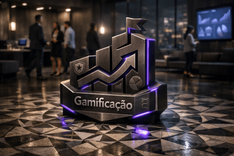 A photorealistic medium-wide cinematic shot, camera positioned approximately 1–2 meters from the subject, capturing a solid 3D isometric sculpture of the “Gamificação” brand logo as the hero object, rendered in brushed dark metal with clean beveled edges and premium finish, incorporating small engraved icons that subtly reference points, badges, dashboards and KPIs, the official Gamificação logo and wordmark clearly visible on the front face, resting confidently on a complex geometric mosaic tile floor that radiates out beneath it in sharp, intricate patterns, clearly readable within a realistic environment. The object integrates subtle electric-purple (#7B63FF) accent lighting along select edges and reflections, suggesting intelligent data activity without overpowering realism. Set in a sleek, real-world tech-noir corporate lobby at night, with the complex geometric mosaic floor extending into the space, glass walls revealing a moody city skyline, a few large wall-mounted screens softly showing abstract analytics dashboards and performance graphs (no legible text), and minimalistic sofas and standing workstations; in the background, a diverse group of marketing, sales and HR professionals in modern business-casual attire move naturally, some walking past, others conversing or glancing at the dashboards, kept slightly out of focus so they remain secondary to the logo. Lighting is low-key and practical, coming from ceiling panels, wall sconces and the glow of the screens, complemented by a soft integrated white spotlight from above and slightly to the side of the Gamificação logo sculpture, gently revealing the form, metallic texture and depth of the piece while casting crisp shadows across the mosaic floor. Cinematic realism, subtle tech-noir mood, neutral corporate color palette with restrained electric-purple neon accents, shot on a 35mm lens, natural shallow-to-medium depth of field, ultra-detailed materials and reflections, 8K resolution, no captions, no text overlays, no watermarks.