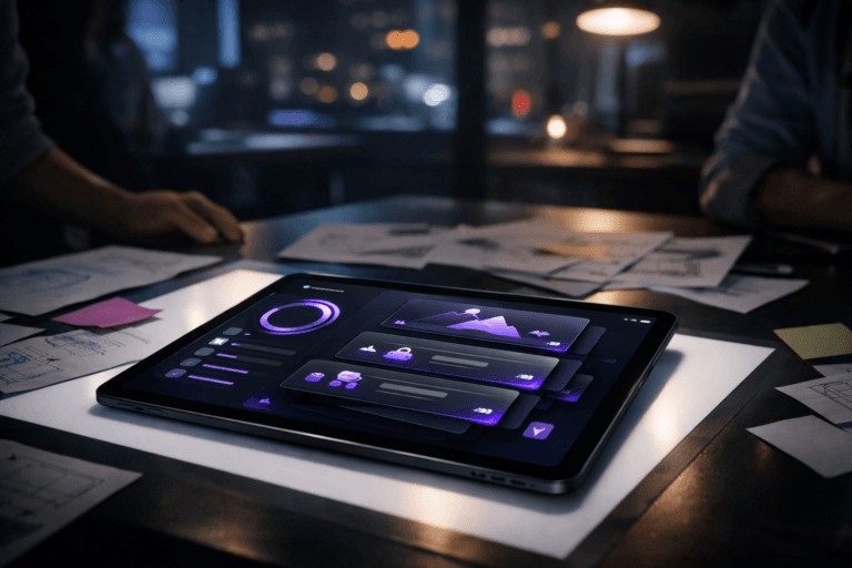 A photorealistic medium-wide cinematic shot, camera positioned approximately 1–2 meters from the subject, capturing a sleek glass tablet lying on a glowing designer’s light table, its screen displaying a gamified digital banking and financial education interface with layered mission cards, progress rings, and subtle reward icons, all styled with refined minimalist UI and delicate electric-purple #7B63FF highlights indicating intelligent activity, clearly readable within a realistic environment. The object integrates subtle electric-purple accents indicating intelligence or activity without overpowering realism. Set in a dimly lit modern UX design studio at night, with city lights and faint neon reflections filtering through a large window, scattered sketch paper, sticky notes, and printed wireframes around the light table, and a diverse group of UX designers softly out of focus at the edges of the frame, only hands, arms, and blurred silhouettes visible to keep the tablet as the hero. Lighting is low-key and practical, coming from the light table, nearby monitors, and a single overhead lamp, complemented by a soft integrated white spotlight from above or the side, gently revealing form, texture, and depth. Cinematic realism, natural depth of field, premium materials, ultra-detailed, 8K, tech-noir mood with neutral corporate tones and restrained neon purple accents, no floating elements, no exaggerated glow, no legible text on the interface, no captions, no logos, no watermarks.