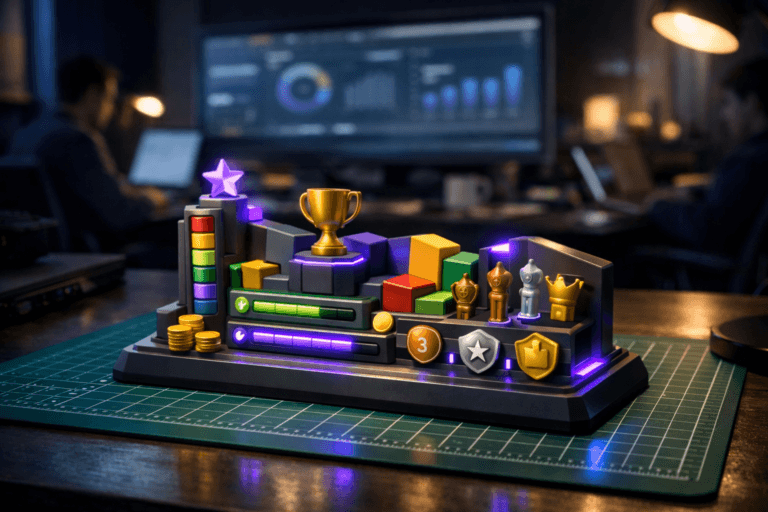 A photorealistic medium-wide cinematic shot, camera positioned approximately 1–2 meters from the subject, capturing a stylized physical desktop sculpture representing gamification: a small 3D-printed isometric game-board dashboard with colorful tiles, progress bars, badges and ranking icons, rendered as a tangible object with realistic plastic and metal materials, resting on a green cutting mat with a white measurement grid on a designer’s desk, clearly readable within a realistic environment. The object integrates subtle electric-purple (#7B63FF) accents indicating intelligence or activity without overpowering realism. Set in a dimly lit modern product-design studio at night in subtle Tech-Noir mood, with muted corporate tones and restrained neon reflections from nearby monitors, laptops and an ultrawide screen showing blurred analytics dashboards in the background, UX designers and engineers softly out of focus in the periphery. Lighting is low-key and practical, coming from computer screens, a desk lamp and a cool window glow, complemented by a soft integrated white spotlight from above and slightly to the side, gently revealing form, texture, and depth on the sculpture, cutting mat and desk surface. Cinematic realism, natural depth of field, premium materials, ultra-detailed, 8K, no captions, no text overlays, no watermarks.